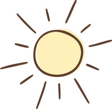 Naklejki Hand-drawn sun icon hovering against transparent backdrop, featuring yellow disk with brown rays