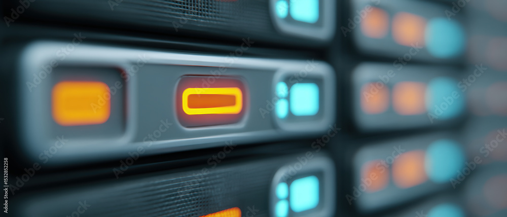 Poster close up of illuminated server lights in data center, showcasing technology and connectivity