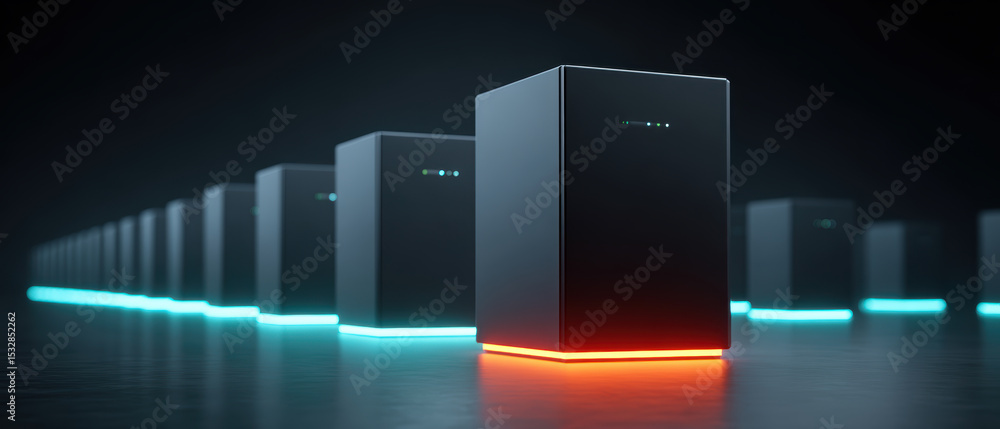 Poster row of futuristic server towers with glowing lights in dark environment