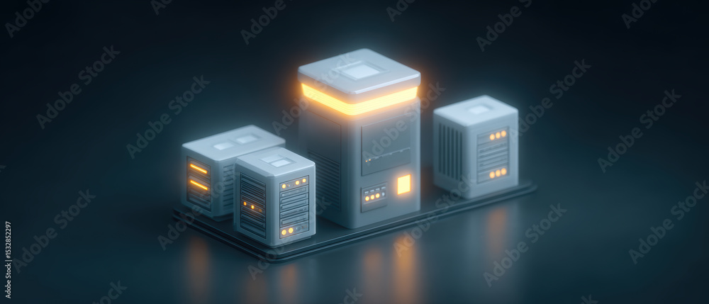 Poster futuristic glowing server room with illuminated data centers in dark environment