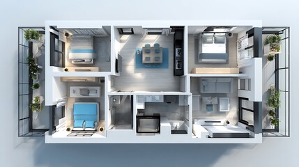 Top view 3d modern apartment floor plan with realistic furniture placement