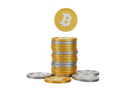 Bitcoin coins stack and falling coin isolated on transparent background
