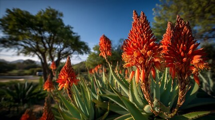 Vibrant red torch lilies in botanical garden setting