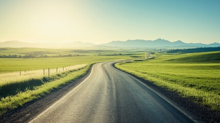 Fototapeta premium Road bike on an open, winding road through green hills, clear sky, and distant mountains, evoking a sense of freedom and exploration.
