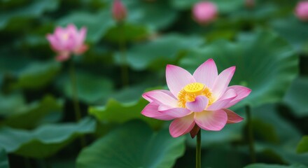 Fototapeta premium A vibrant pink lotus blossom stands out amidst a serene backdrop of lush green leaves and other buds, showcasing nature's beauty