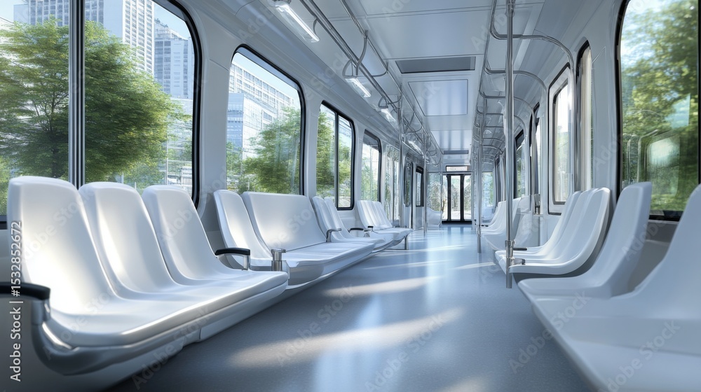 Poster row of empty seats inside a modern electric train, with large windows offering a panoramic view of t