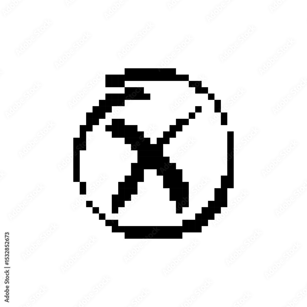 Poster black and white pixelated exclamation mark in a mosaic style resembling retro game sprites.