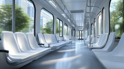 Obraz premium Row of empty seats inside a modern electric train, with large windows offering a panoramic view of the city passing by