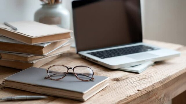 Laptop, Books, and Eyeglasses on Wooden Desk: A silver laptop rests on a rustic wooden desk, accompanied by a stack of old books, a notebook, eyeglasses, and a pen.