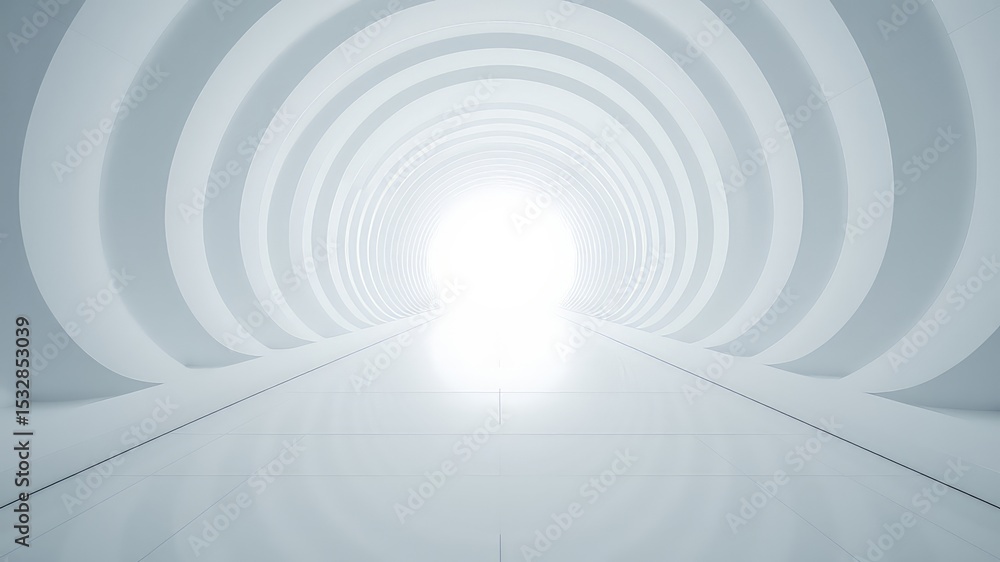 Poster minimalist white tunnel with diminishing arches and bright light at the end, creating a sense of dep
