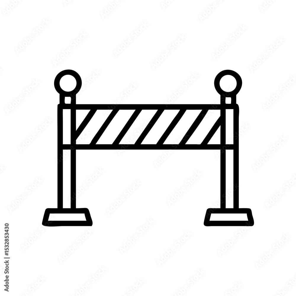 Poster a simple graphic depiction of a road block with stripes and round top markers in outline style graph