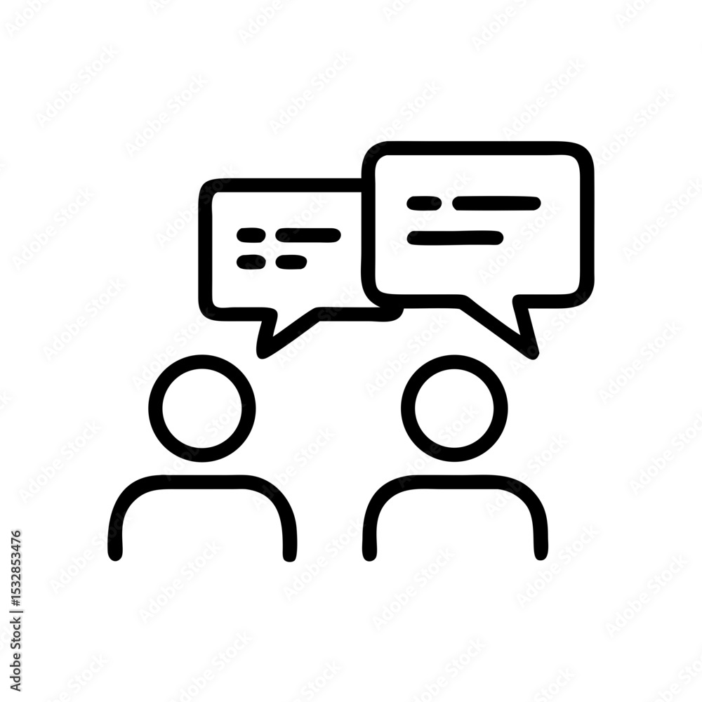Poster two stylized figures with speech bubbles above their heads in a simple line drawing style design