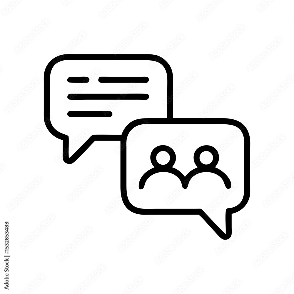 Poster two speech bubbles one with lines and the other with two people inside it in a simple graphic style