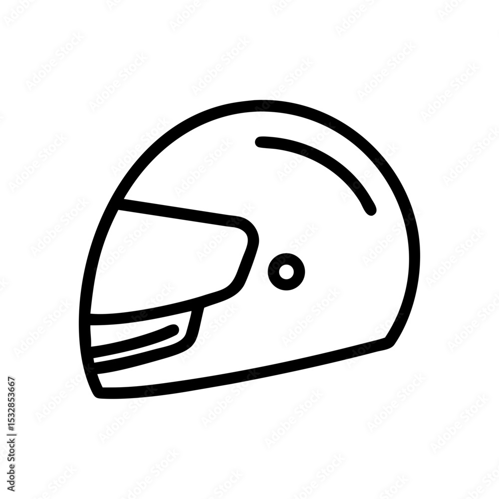 Poster outline drawing of a protective headgear with visor and a simple curved line on the top surface