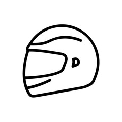 Outline drawing of a protective headgear with a visor and a small detail on the side is displayed