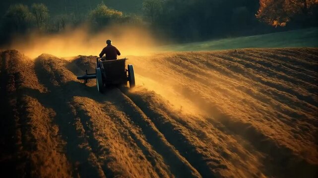 The farmer drives a powerful tractor across the field, preparing the soil under the morning sun.
