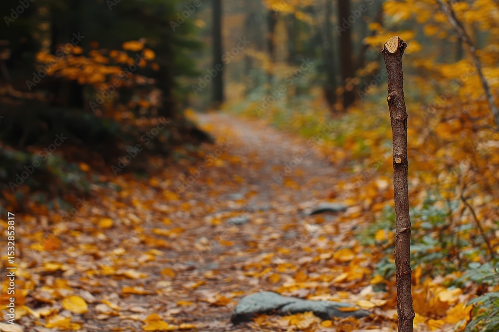 Poster walking stick resting on a forest path surrounded by colorful fall foliage and fallen leaves, walkin