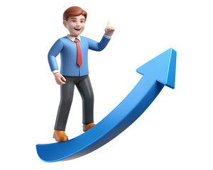 Man on Upward Arrow 3D Rendering - Career Advancement & Ambition Conceptual Icon on Transparent Background
