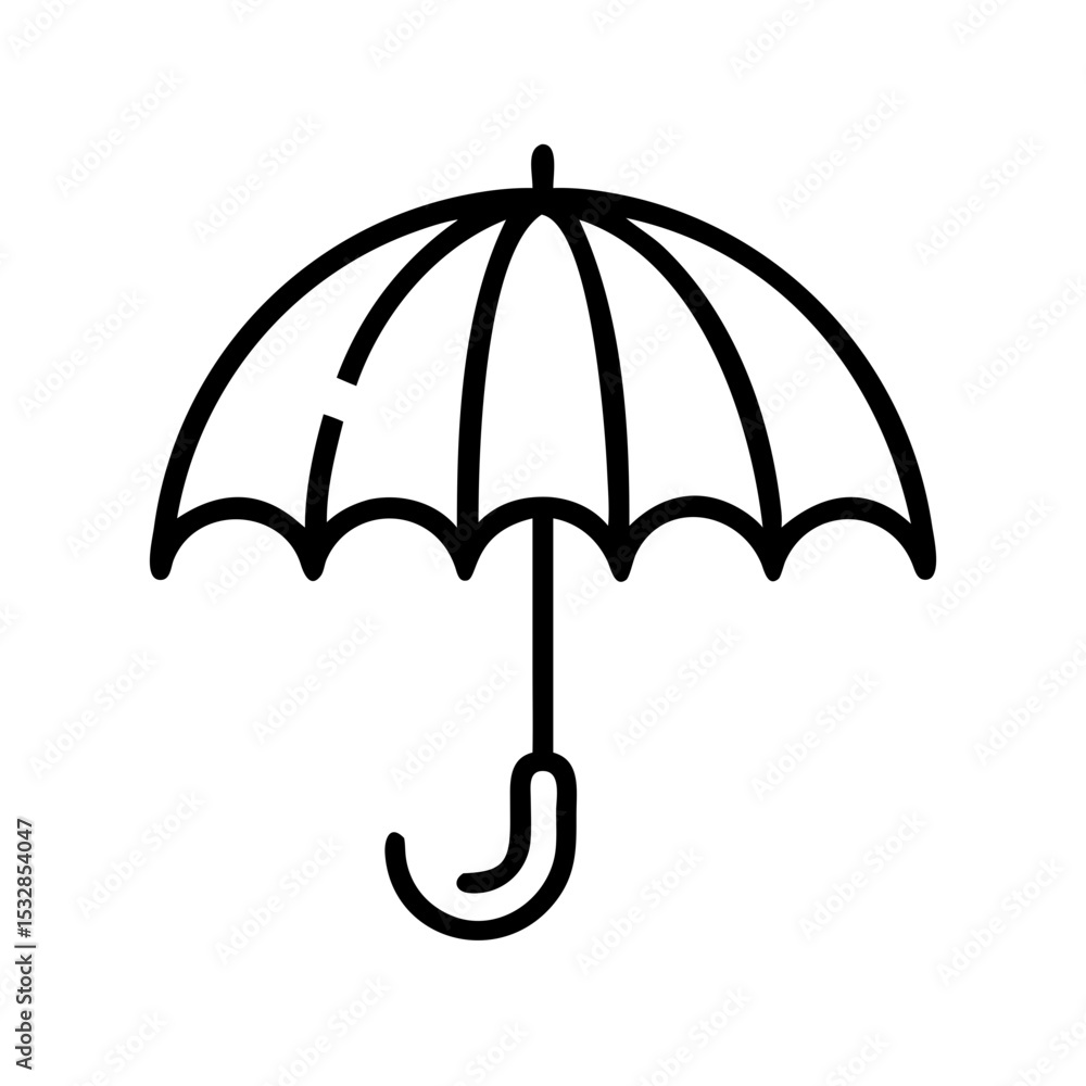 Poster a simple line drawing of an open weather protector with a curved handle on a plain white background