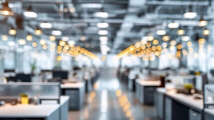 Obraz premium Blurry Office Space Design with Open Cubicles and Overhead Lights