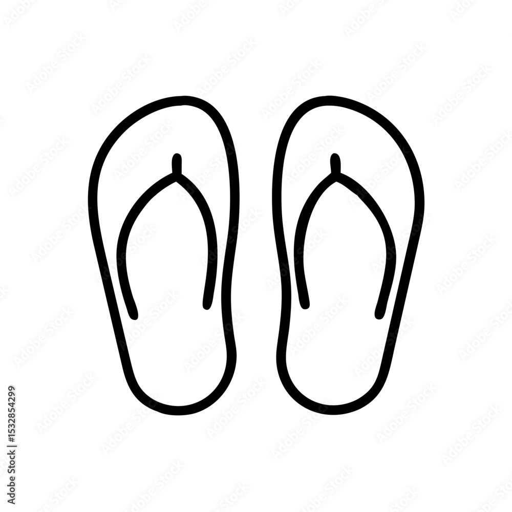 Poster outline drawing showing a pair of simple black beach sandals on a plain white background view from a