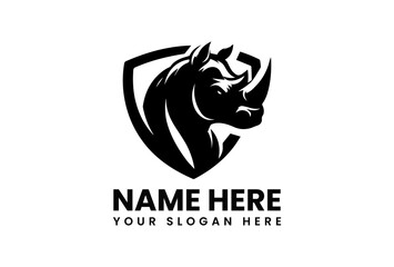 Black vector rhinoceros logo with prominent horn silhouette representing conservation strength and endangered species protection