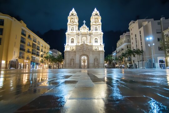 Timelapse capturing the grandeur of Murcia Cathedral lit up at night in Belluga Square, Timelapse of Murcia Cathedral in Belluga square