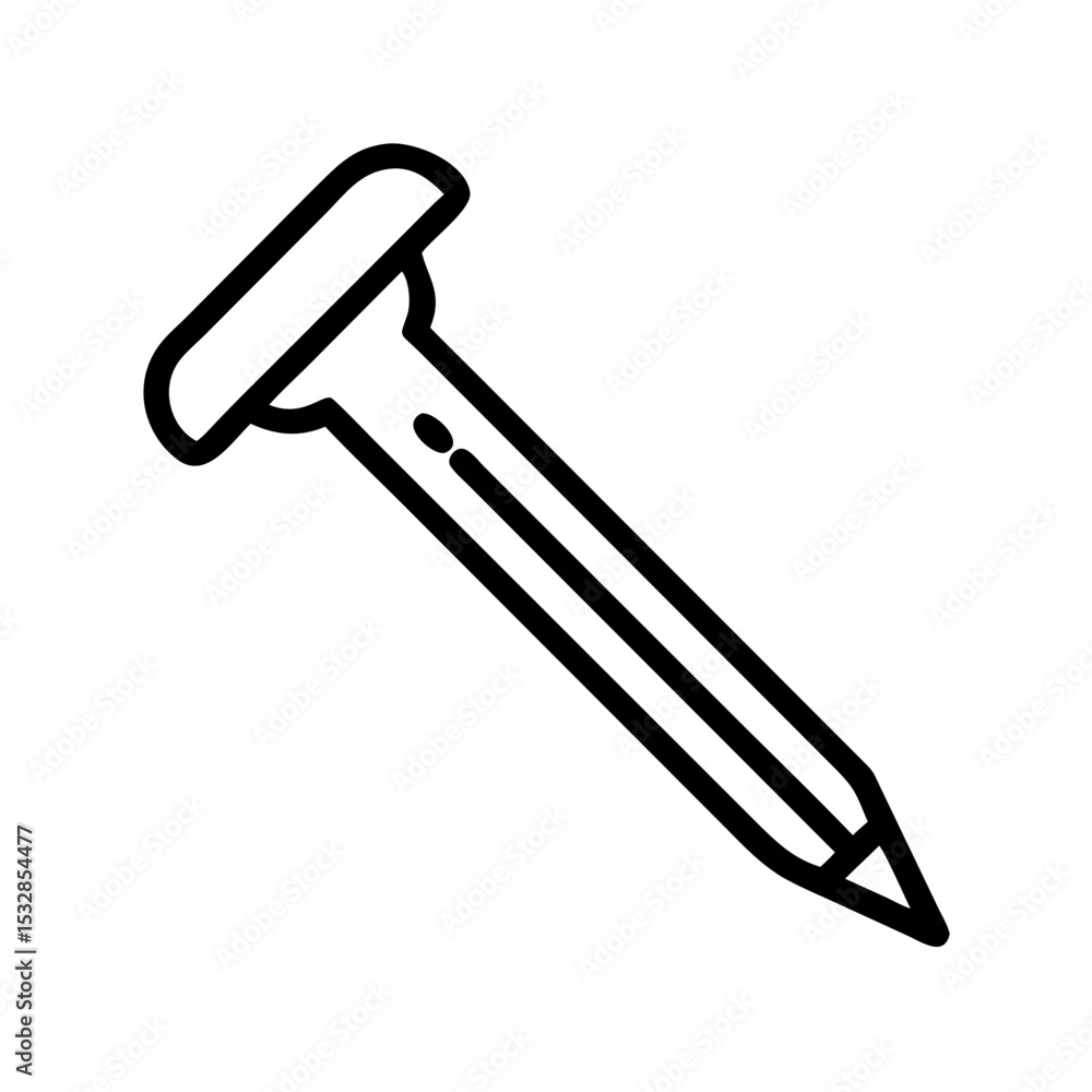 Poster a simple line drawing of a metal fastener with a flat head and pointed tip isolated on white backgro