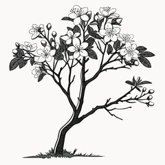 Black and white drawing of a flowering tree