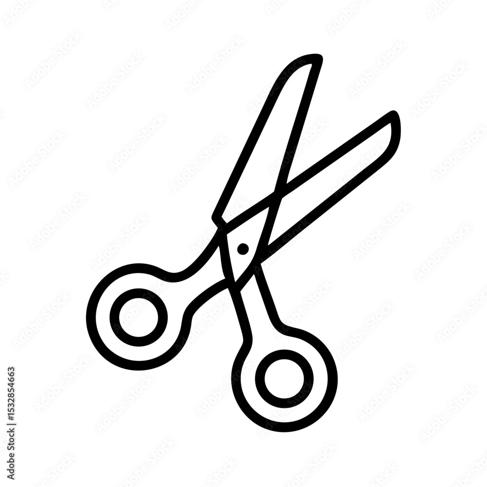 Poster a simple graphic depiction of open crafting tool with circular handles and sharp blades on a white b