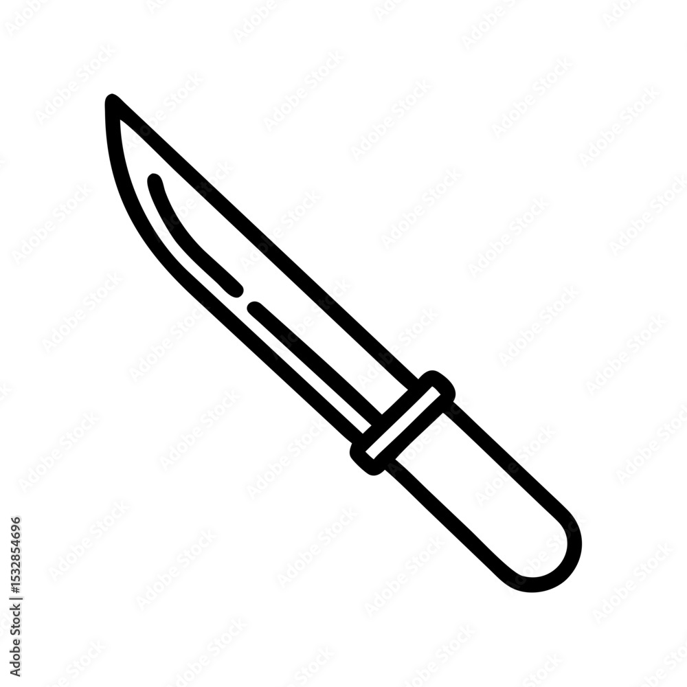 Poster a simple drawing of a sharp blade with a handle and a guard, outlined in black on white, isolated