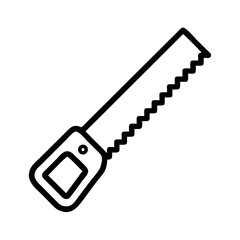 A simple outline of a hand tool with a toothed blade and a handle for cutting materials is shown