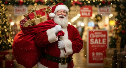 Jolly Santa Claus carries a large sack filled with Christmas presents, standing in a festive store setting with falling snow