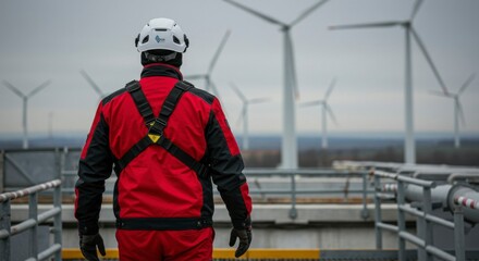 Worker in safety gear on wind turbine platform