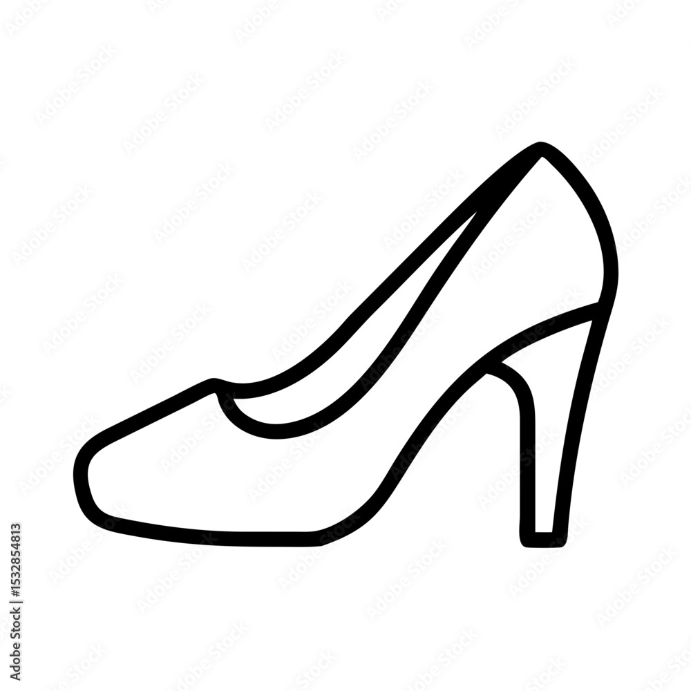 Poster a simple outline drawing of a high heeled shoe with a pointed toe and a curved arch design element