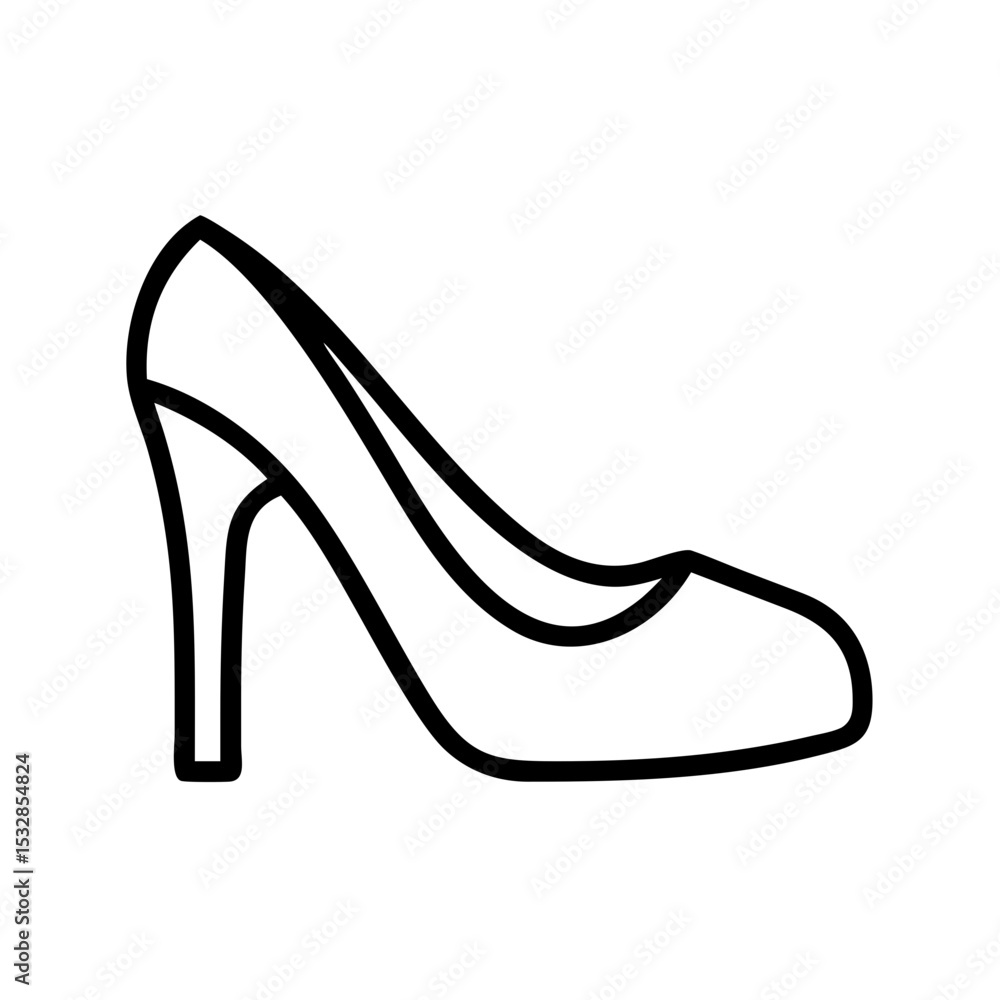 Poster a simple outline drawing showing a high heeled shoe with a pointed toe and thin heel design here