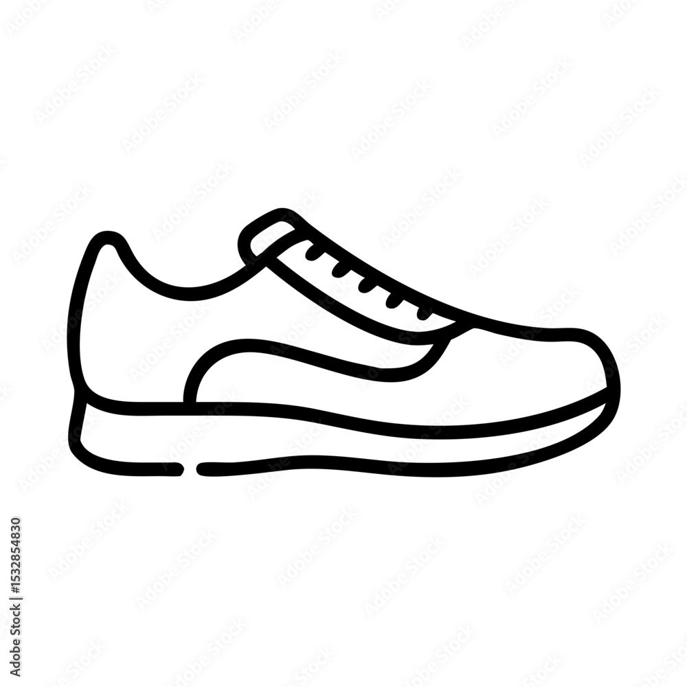 Poster a simple graphic of a running shoe with laces and a thick sole displayed in outline format style