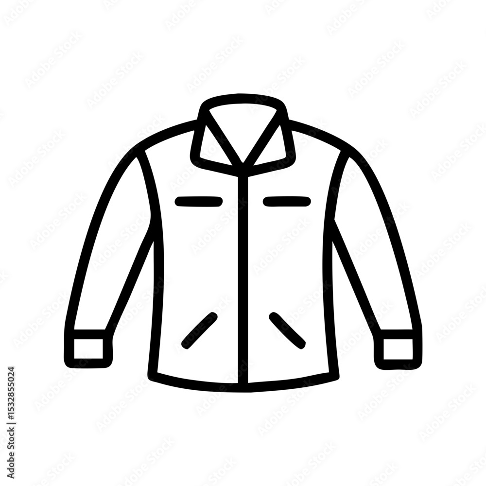 Poster outline drawing of a collared jacket with pockets and long sleeves on a white background shown cente