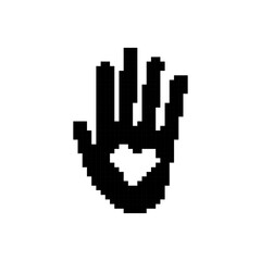 Pixel art style hand icon shows an ok gesture with classic pixelated mosaic design elements.