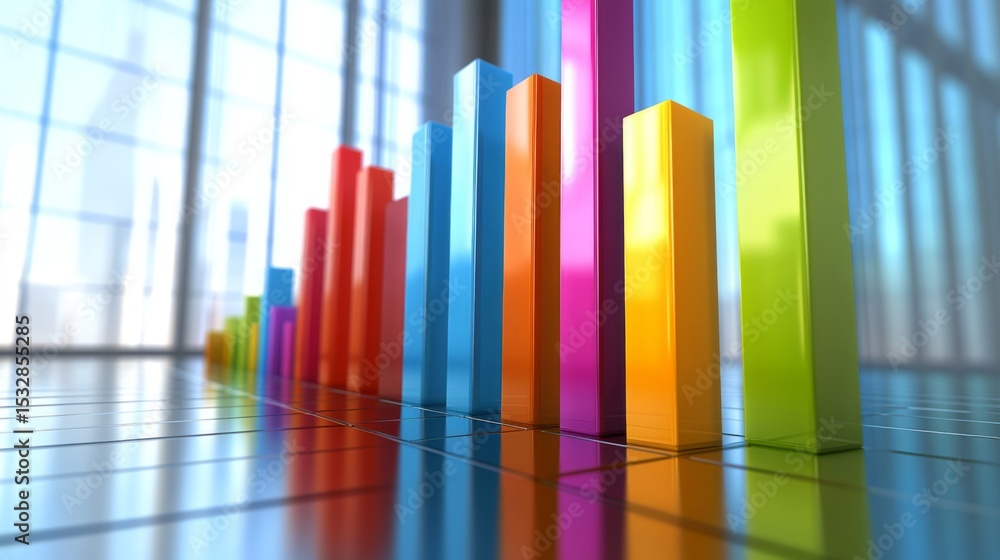 Poster Vibrant D bar graph with colorful bars in various heights on a reflective surface, casting soft shadows, showcasing data analysis in a modern style