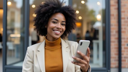Confident businesswoman smiles while checking her smartphone outside a modern city cafe. A successful, happy professional on the go.