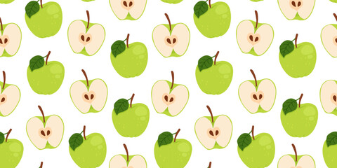 Seamless pattern of green apples on a white background with green leaves. Whole and sliced apple. The design is great for wallpaper, fabric, labels, packaging.