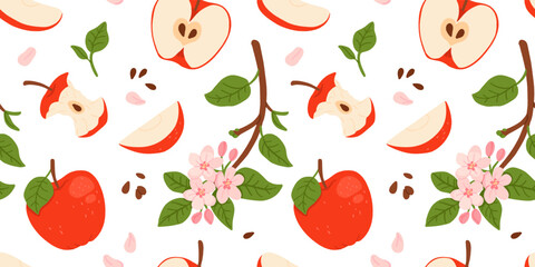 Flower seamless pattern with red Apples and bloom Branch. Repeating white background with fruits harvest and blossom plants. Hand drawn vector botanical illustration for design, print, paper, card