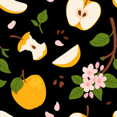 Flower seamless pattern with yellow Apples and bloom Branch. Repeating black background with fruits harvest and blossom plants. Hand drawn vector botanical illustration for design, print, paper, card
