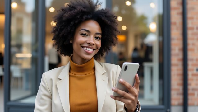 Confident businesswoman smiles while checking her smartphone outside a modern city cafe. A successful, happy professional on the go.
