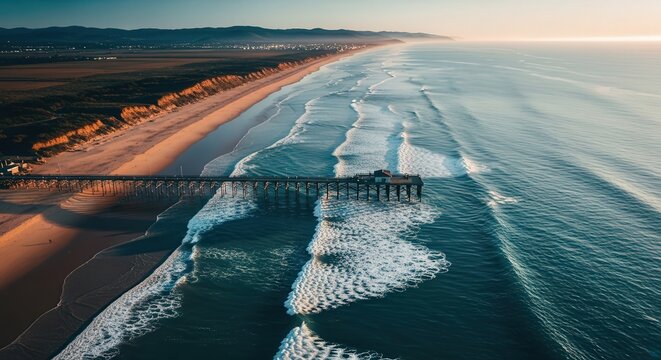 Aerial View of Long Wooden Pier Extending Into Calm Blue Ocean Waves at Sunset