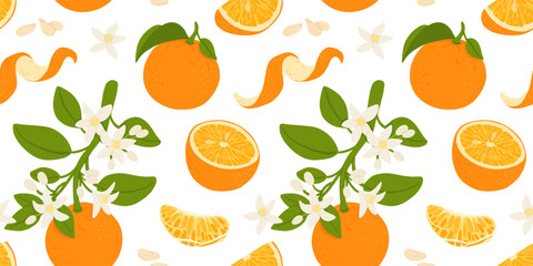 Orange fruit. Pattern of oranges on a white background. Whole orange fruit, cut in half and into slices. The design is great for wallpaper, fabric, labels, packaging.