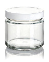 Obraz premium A clear glass jar with a white lid sitting on a white surface with a reflection underneath it all alone