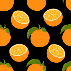 Orange fruit. Pattern of oranges on a black background. Whole orange fruit, cut in half and into slices. The design is great for wallpaper, fabric, labels, packaging.