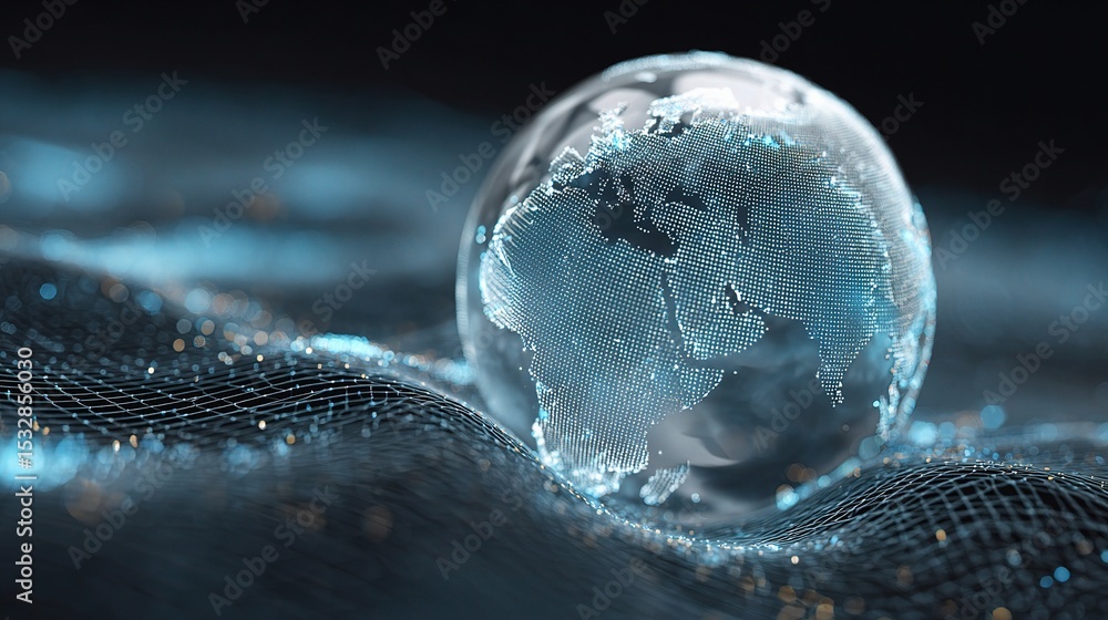 Poster digital technology background with translucent globe and data waves